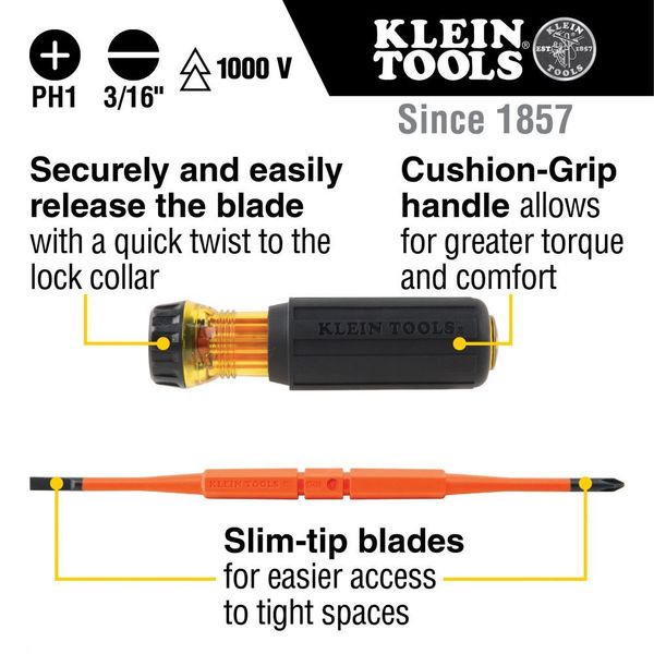 Flip-Blade Insulated Screwdriver, 2-in1, Ph Bit #1, Sl Bit 3/16-Inch