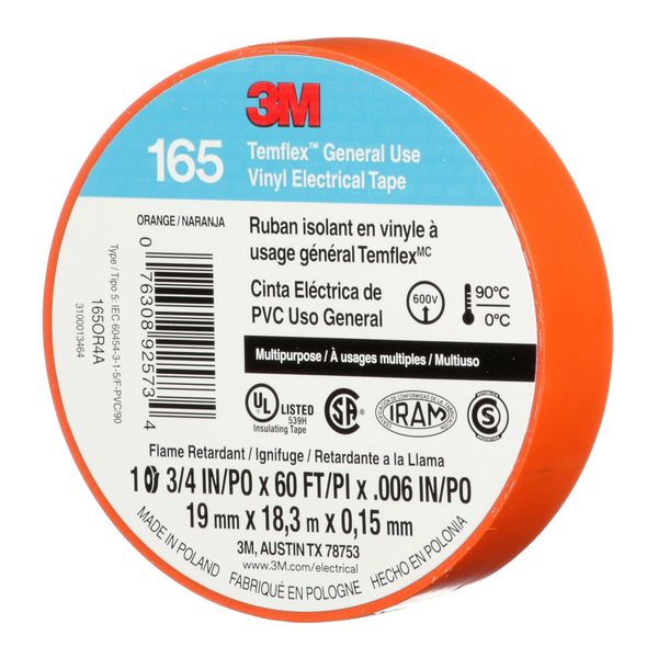 Elec Tape, 60 ft Lx3/4 in W, 6 mil, Orange