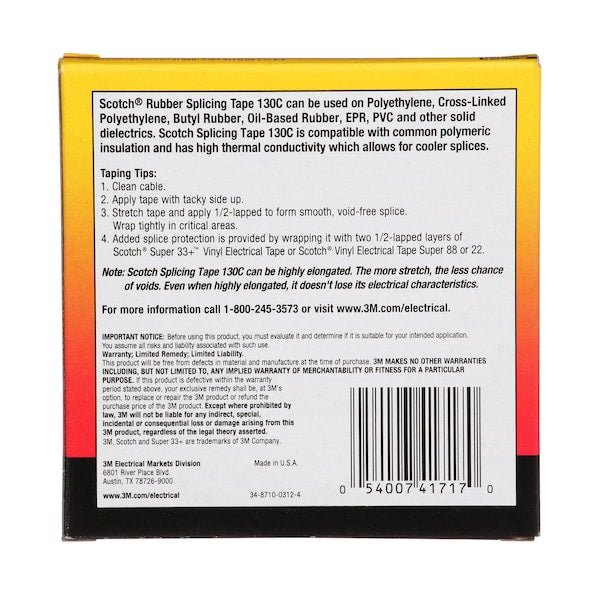 Rubber Splicing Tape, 130C, Scotch, 3/4 in W x 30 ft L, 30 mil thick, Black, 1 Pack