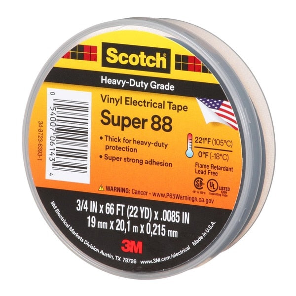 Vinyl Electrical Tape. Super 88, Scotch, 3/4 in L x 66 ft L, 8.5 mil thick, Black, 1 Pack