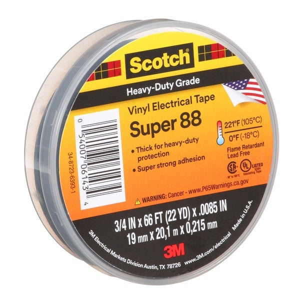 Vinyl Electrical Tape. Super 88, Scotch, 3/4 in L x 66 ft L, 8.5 mil thick, Black, 1 Pack