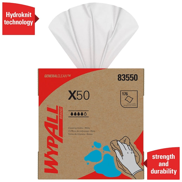 Dry Wipe, X50, Light Absorbency, Pop Up Box, Hydroknit, 8 1/4 in x 16 3/4 in, 176 Sheets, 10 Pack