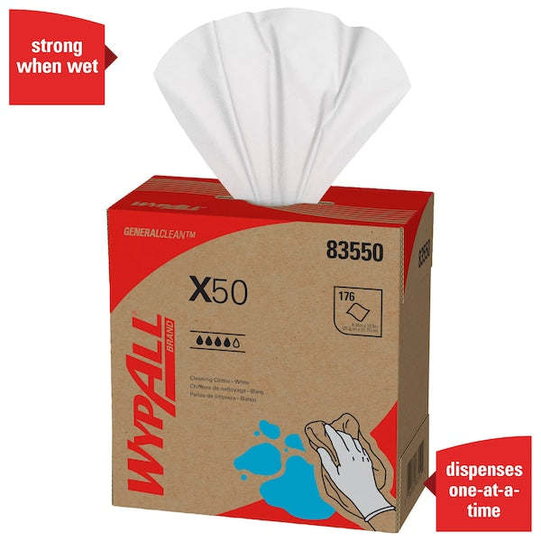Dry Wipe, X50, Light Absorbency, Pop Up Box, Hydroknit, 8 1/4 in x 16 3/4 in, 176 Sheets, 10 Pack