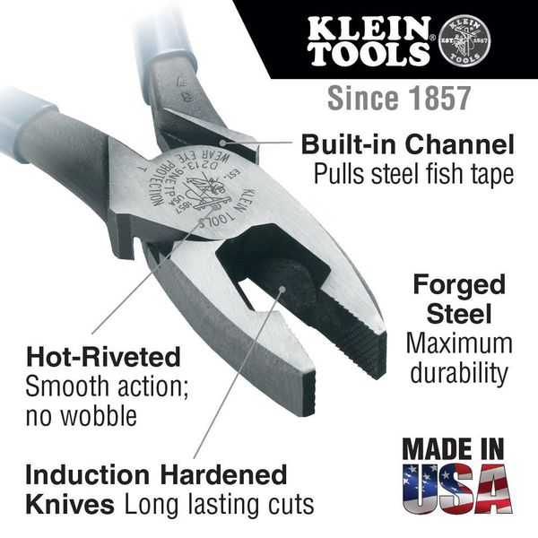 9 3/8 in Linemans Plier High Leverage w/ Fish Tape Puller , Steel