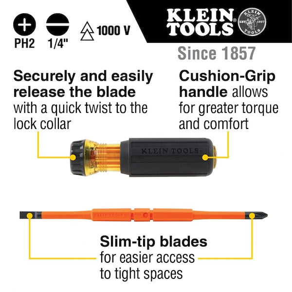 Flip-Blade Insulated Screwdriver, 2-in1, Ph Bit #2, Sl Bit 1/4-Inch