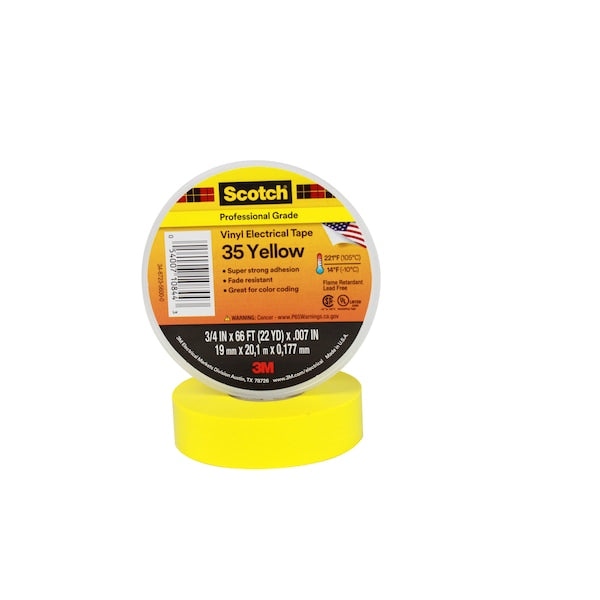 Vinyl Electrical Tape, 35, Scotch, 3/4 in W x 66 ft L, 7 mil thick, Yellow, 1 Pack
