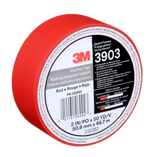 Duct Tape, 2 In x 50 yd, 6.5 mil, Red, Vinyl