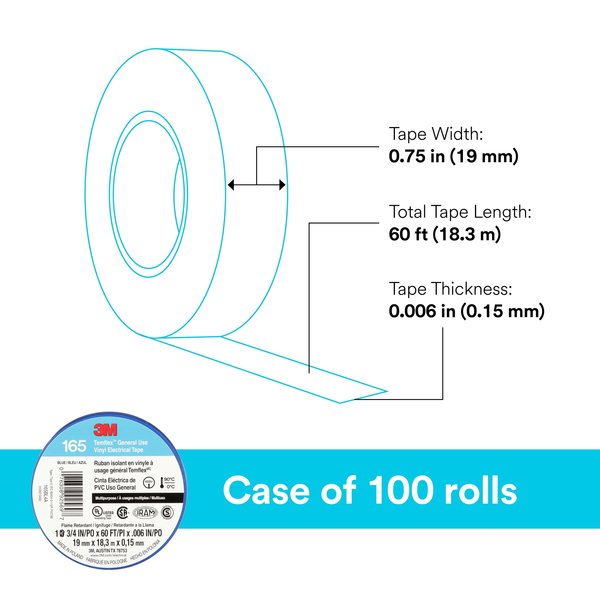 Vinyl Electrical Tape, 165, Temflex, 3/4 in W x 60 ft L, 6 mil thick, Blue, 1 Pack