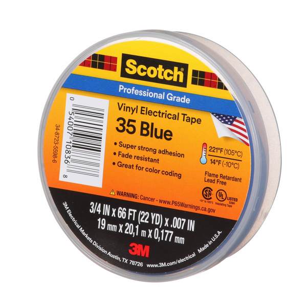 Vinyl Electrical Tape, 35, Scotch, 3/4 in W x 66 ft L, 7 mil thick, Blue, 1 Pack