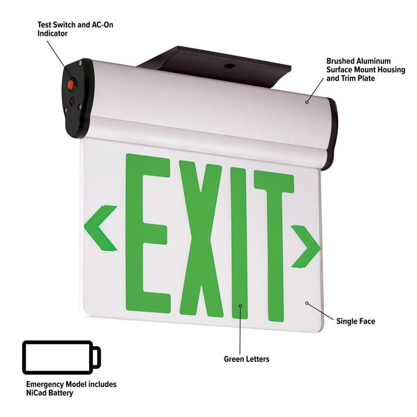 Edge-Lit Exit Sign, LED, BatteryBackUp, Grn, CELS1GNE