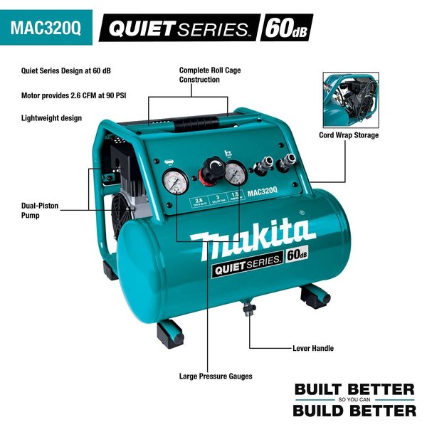Quiet Series Electric Air Compressor, 1-1/2 HP, 3.0Gal, Oil-Free