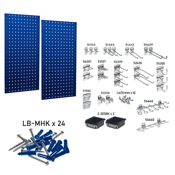 (2) 18 In. W x 36 In. H Blue Steel Square Hole Pegboards 30 pc. LocHook Assortment & Hanging Bin System