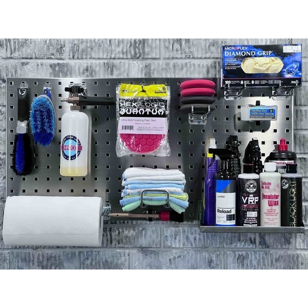 (2) 18 In. W x 36 In. Stainless Steel Square Hole Pegboards 32 pc. Stainless LocHook Assortment 3 Hanging Bins