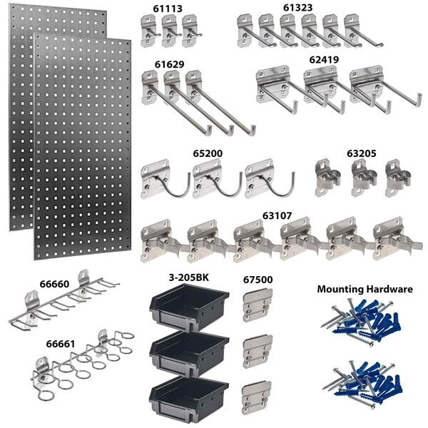 (2) 18 In. W x 36 In. Stainless Steel Square Hole Pegboards 32 pc. Stainless LocHook Assortment 3 Hanging Bins