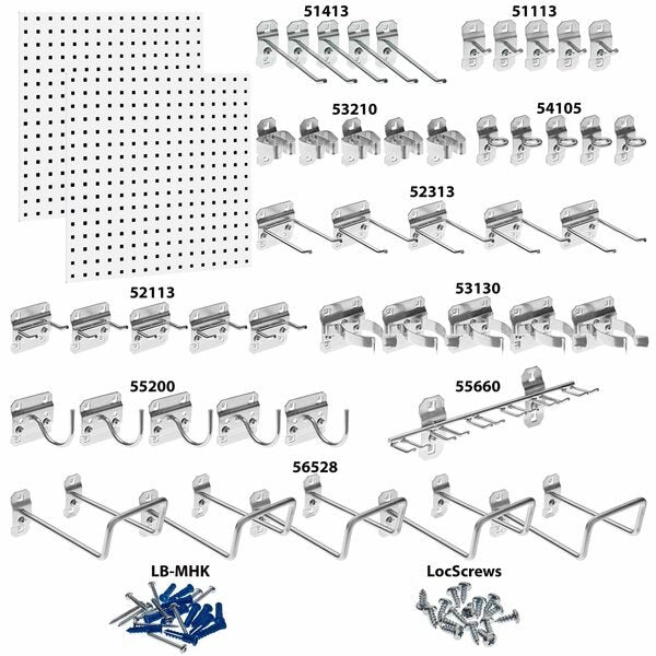 (2) 24 In. W x 24 In. H White Epoxy 18-Gauge Steel Square Hole Pegboards 46 pc. LocHook Assortment