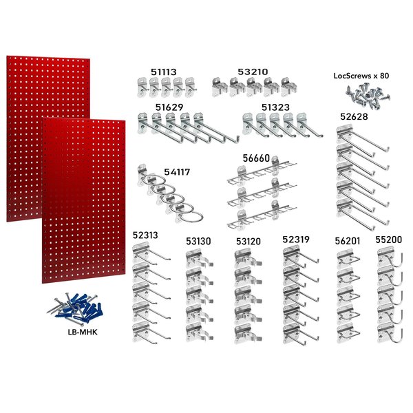 (2) 24 In. W x 42-1/2 In. H Red Epoxy 18-Gauge Steel Square Hole Pegboards 63 pc. LocHook Assortment