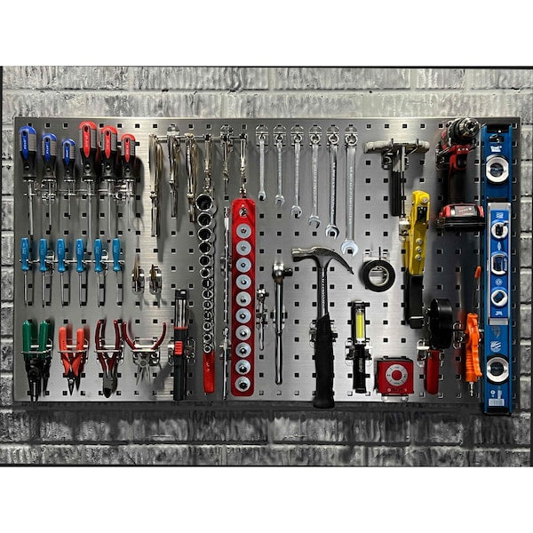 (2) 24 In. W x 42-1/2 In. H Stainless Steel Square Hole Pegboards 45 pc. Stainless LocHook Assortment