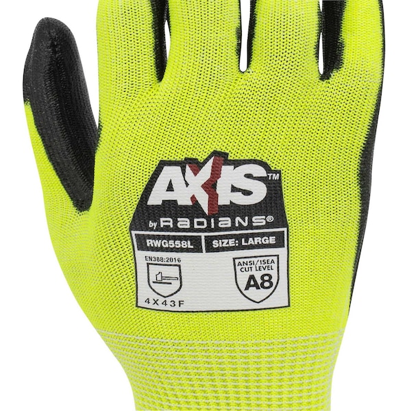 Hi-Vis Cut Resistant Coated Gloves, A7 Cut Level, Polyurethane, M, 1 PR
