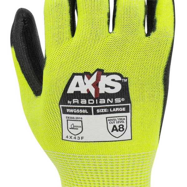 Hi-Vis Cut Resistant Coated Gloves, A7 Cut Level, Polyurethane, S, 1 PR