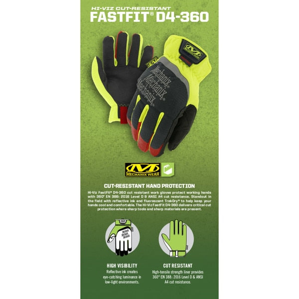 Hi-Vis Cut Resistant Gloves, A4 Cut Level, Uncoated, 2XL, 1 PR