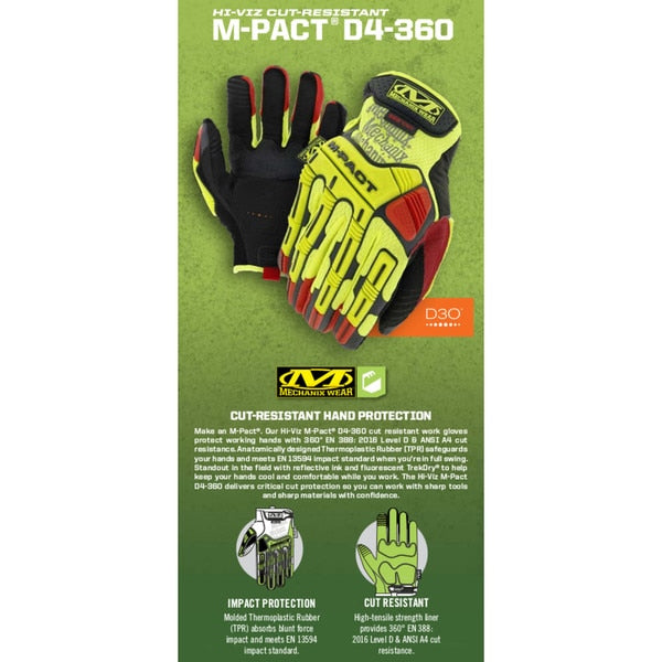 Hi-Vis Cut Resistant Impact Gloves, A4 Cut Level, Uncoated, L, 1 PR