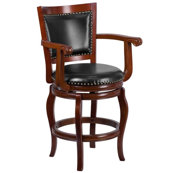 Stool, Cherry Wood w/Blk Leather Seat, 26