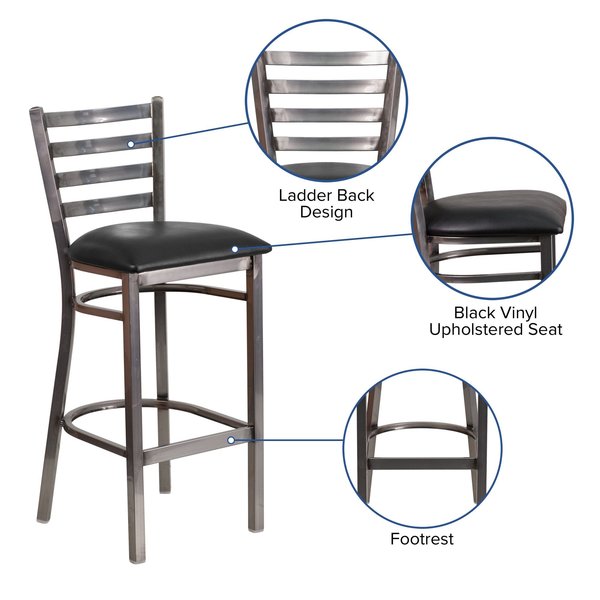 Barstool, Ladder Back, Clr w/Blk Vnyl Sea