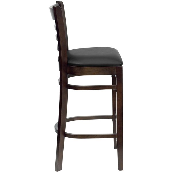 Wood Barstool, Walnut, Ladder Bck, Blk Vny, Seat Height Range: 31