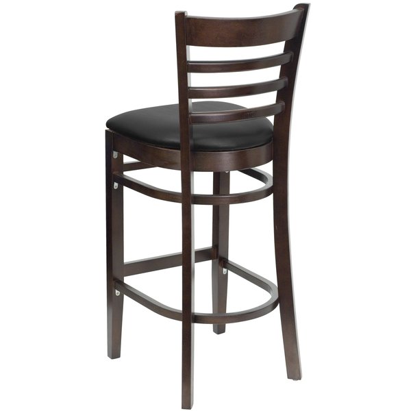 Wood Barstool, Walnut, Ladder Bck, Blk Vny, Seat Height Range: 31