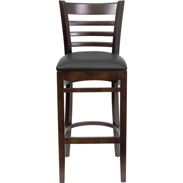 Wood Barstool, Walnut, Ladder Bck, Blk Vny, Seat Height Range: 31