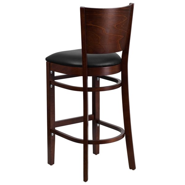 Wood Barstool, Walnut, Ladder Bck, Blk Vny, Seat Height Range: 31-1/2
