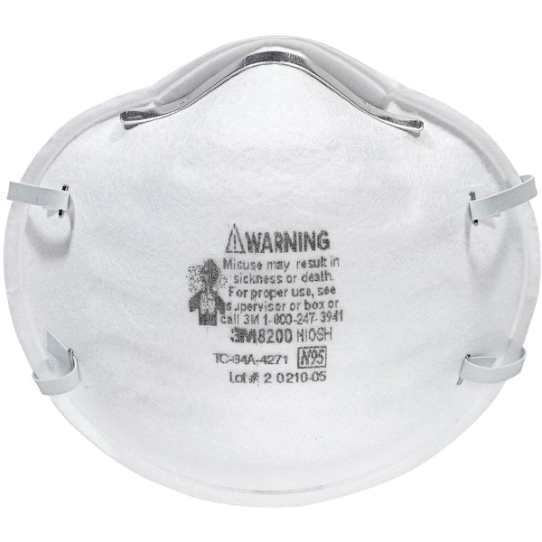 N95 Disposable Respirator, 8200, Dual Headstrap, Polyisoprene Strap, Nose Clip, White, Pack of 20