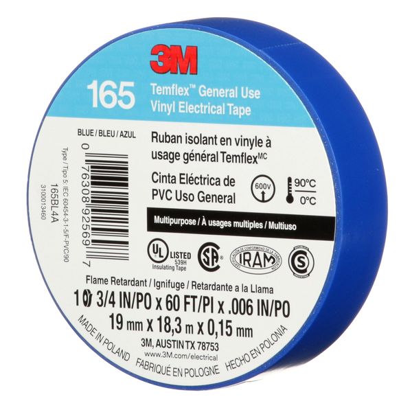 Vinyl Electrical Tape, 165, Temflex, 3/4 in W x 60 ft L, 6 mil thick, Blue, 1 Pack