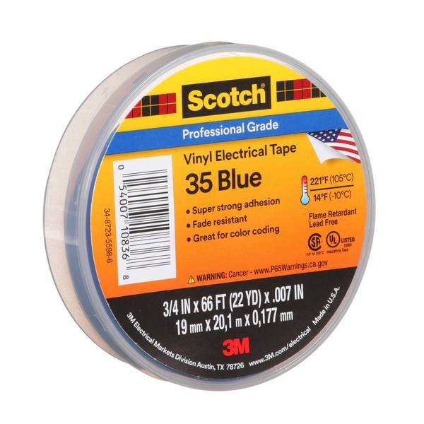 Vinyl Electrical Tape, 35, Scotch, 3/4 in W x 66 ft L, 7 mil thick, Blue, 1 Pack