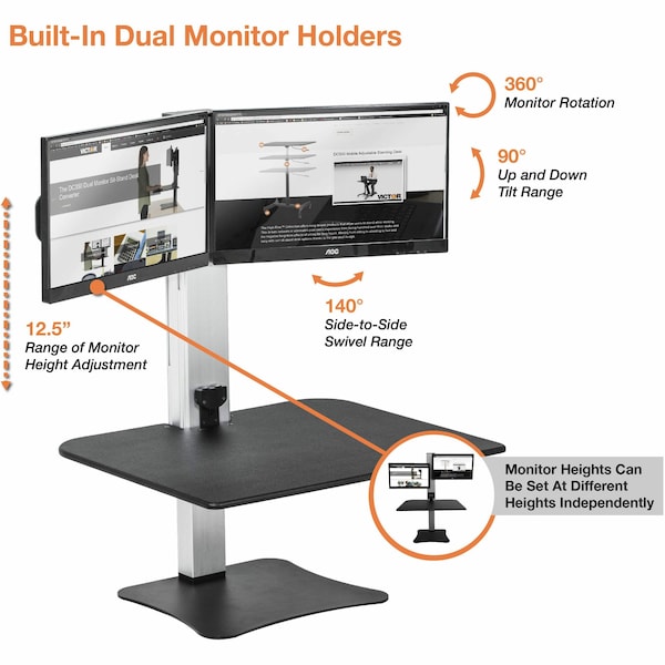 Electric Dual Monitor Standing Desk, 23 in D, 28 in W, Black, Aluminum