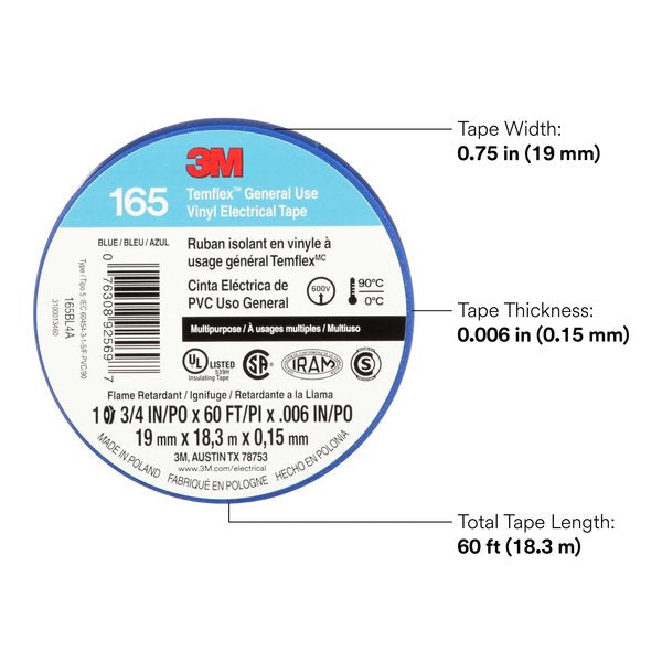 Vinyl Electrical Tape, 165, Temflex, 3/4 in W x 60 ft L, 6 mil thick, Blue, 1 Pack