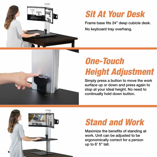 Electric Dual Monitor Standing Desk, 23 in D, 28 in W, Black, Aluminum