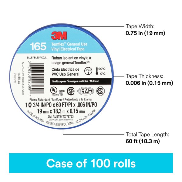 Vinyl Electrical Tape, 165, Temflex, 3/4 in W x 60 ft L, 6 mil thick, Blue, 1 Pack