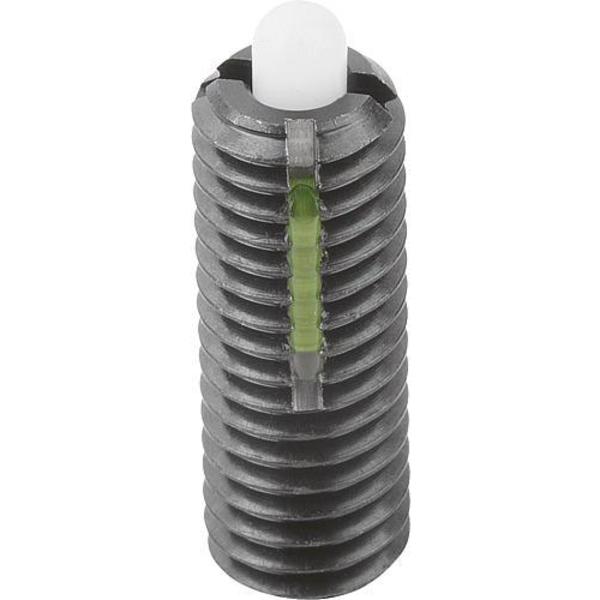 Spring Plunger Light Spring Force, Long-Lok D=M05 L=18, Steel, Comp: Pin POM Plastic