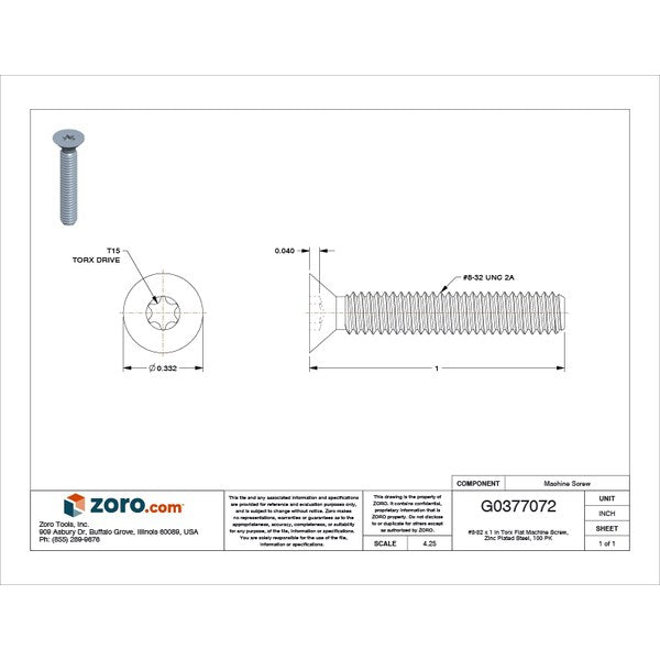 #8-32 x 1 in Torx Flat Machine Screw, Zinc Plated Steel, 100 PK