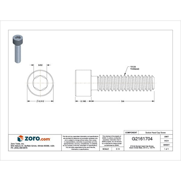 #10-24 Socket Head Cap Screw, Black Oxide Steel, 3/4 in Length, 100 PK