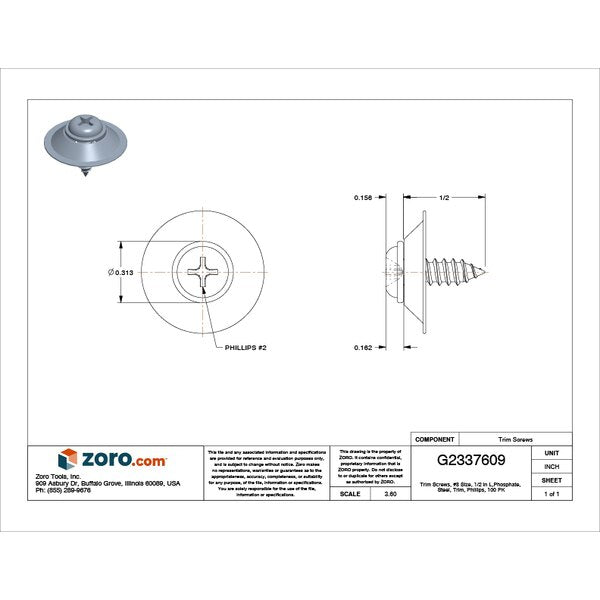 Drywall Screw, #8 x 21/32 in, Steel, Trim Head Phillips Drive, 100 PK
