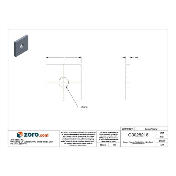 Square Washer, Fits Bolt Size 1/2 in Low Carbon Steel, Galvanized Finish