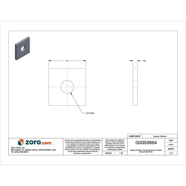 Square Washer, Fits Bolt Size 5/8 in Low Carbon Steel, Galvanized Finish