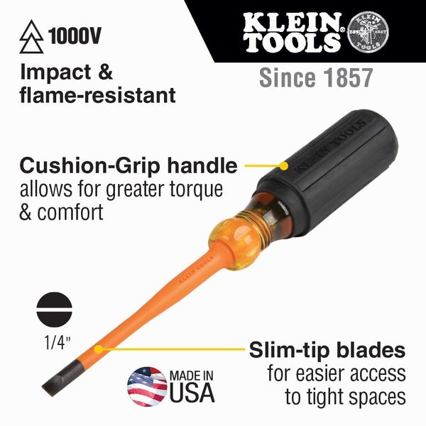 Slim-Tip Insulated Screwdriver, 1/4-Inch Cabinet, 4-Inch Round Shank