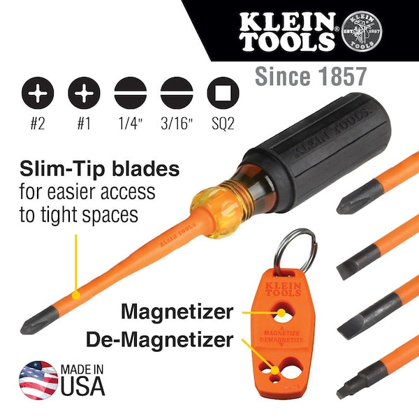 Screwdriver Set, 1000V Slim-Tip Insulated and Magnetizer, 6-Piece