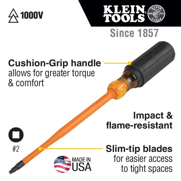 Slim-Tip 1000V Insulated Screwdriver, #2 Square, 4-Inch Round Shank