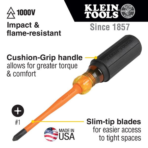 Slim-Tip 1000V Insulated Screwdriver, #1 Phillips, 6-Inch