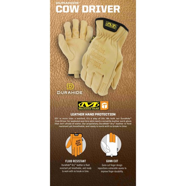 Durahide Cow Driver Water-Resistant Leather Work Gloves (XL, Brown)