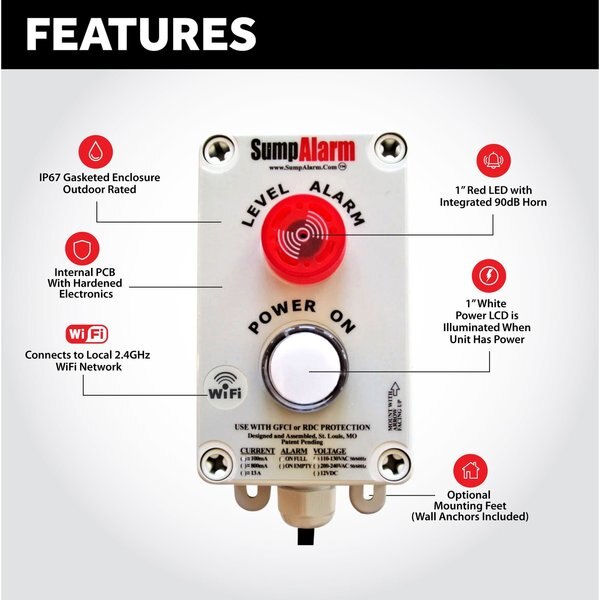 In/Outdoor Pump/High Water Alarm, 120V, 30' Probes, Power Light, WiFi